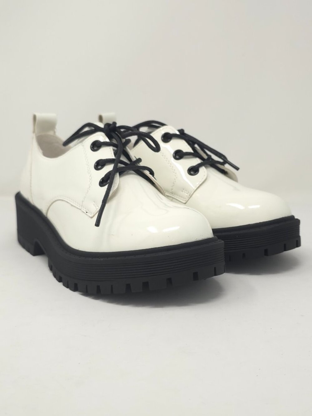Chunky Platform Oxford Shoes Patent White Pat Trendy Lug Sole Lace Up - Picture 2 of 9